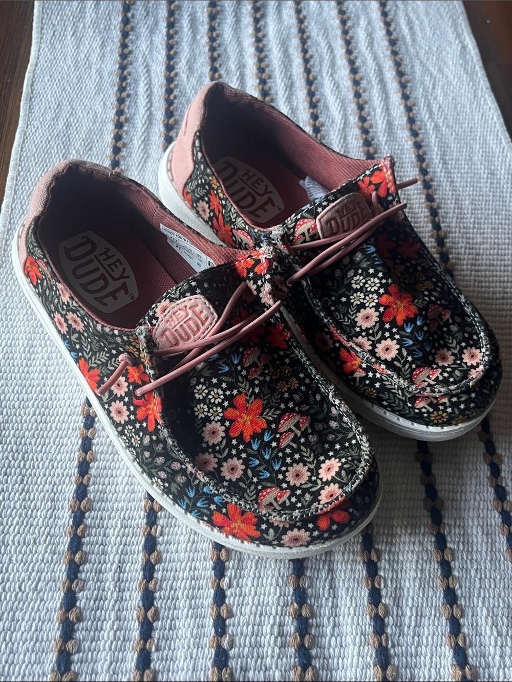 Hey Dude Kids Floral Slip-On Sneakers - Black with Pink and Orange Flowers